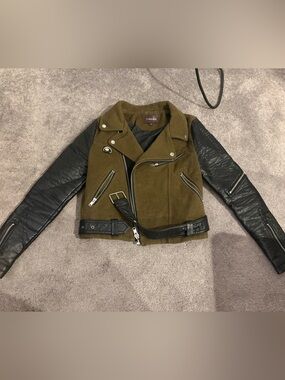 Vigoss Olive Green and Black Leather-Sleeve Moto Jacket
